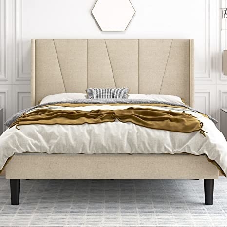 Queen Size Tufted Storage Platform Bed With Modern Geometric Wingback Headboard